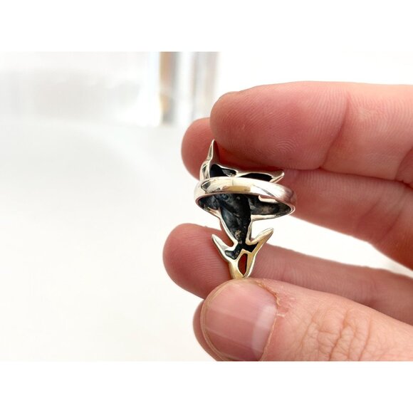 Interlocking Twin Dolphin Figural 925 Sterling Silver Unisex Vintage Ring - sz 6 - Picture 4 of 11